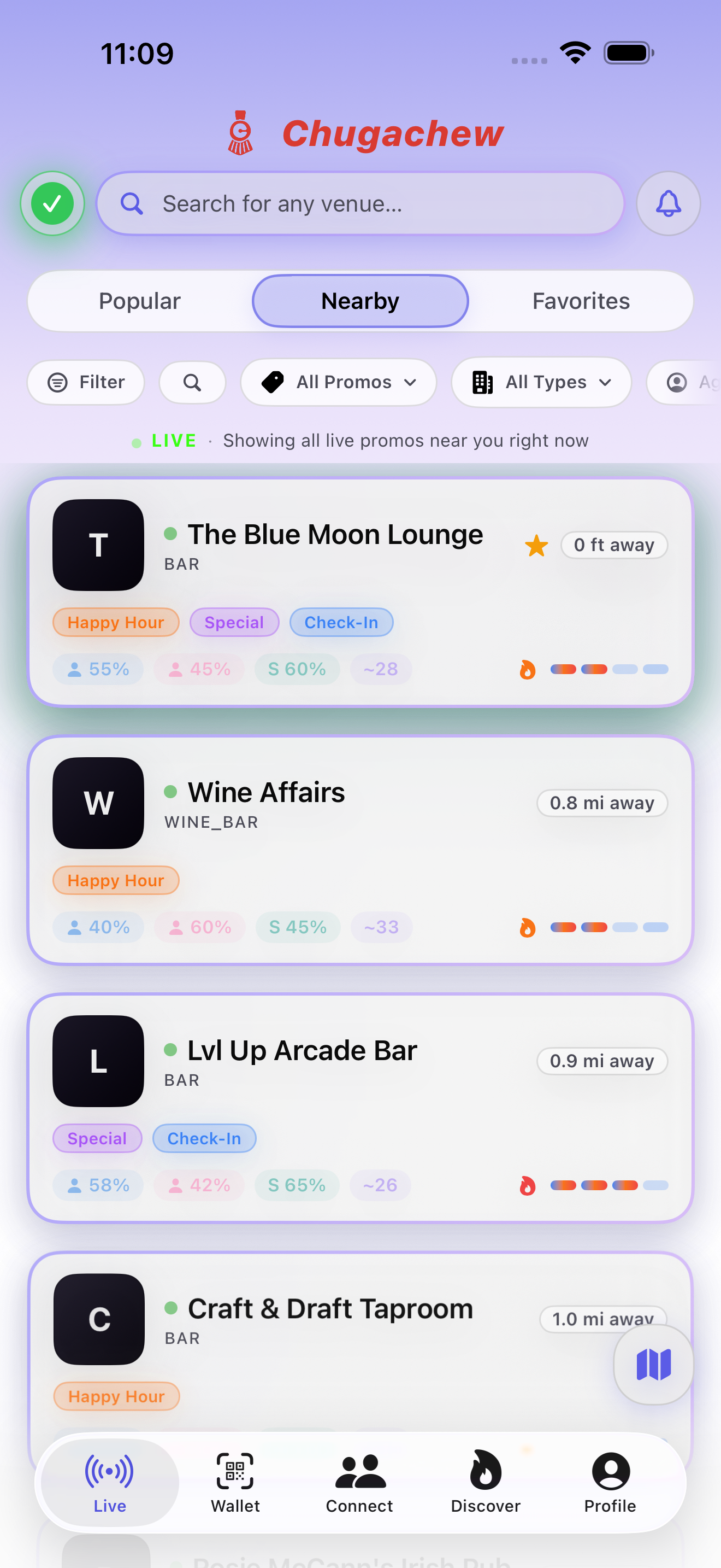 Venue list with live crowd levels and deal badges